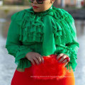 Autumn Green Flare Sleeve Layer Ruffles Fashion Chiffon Women Blouses